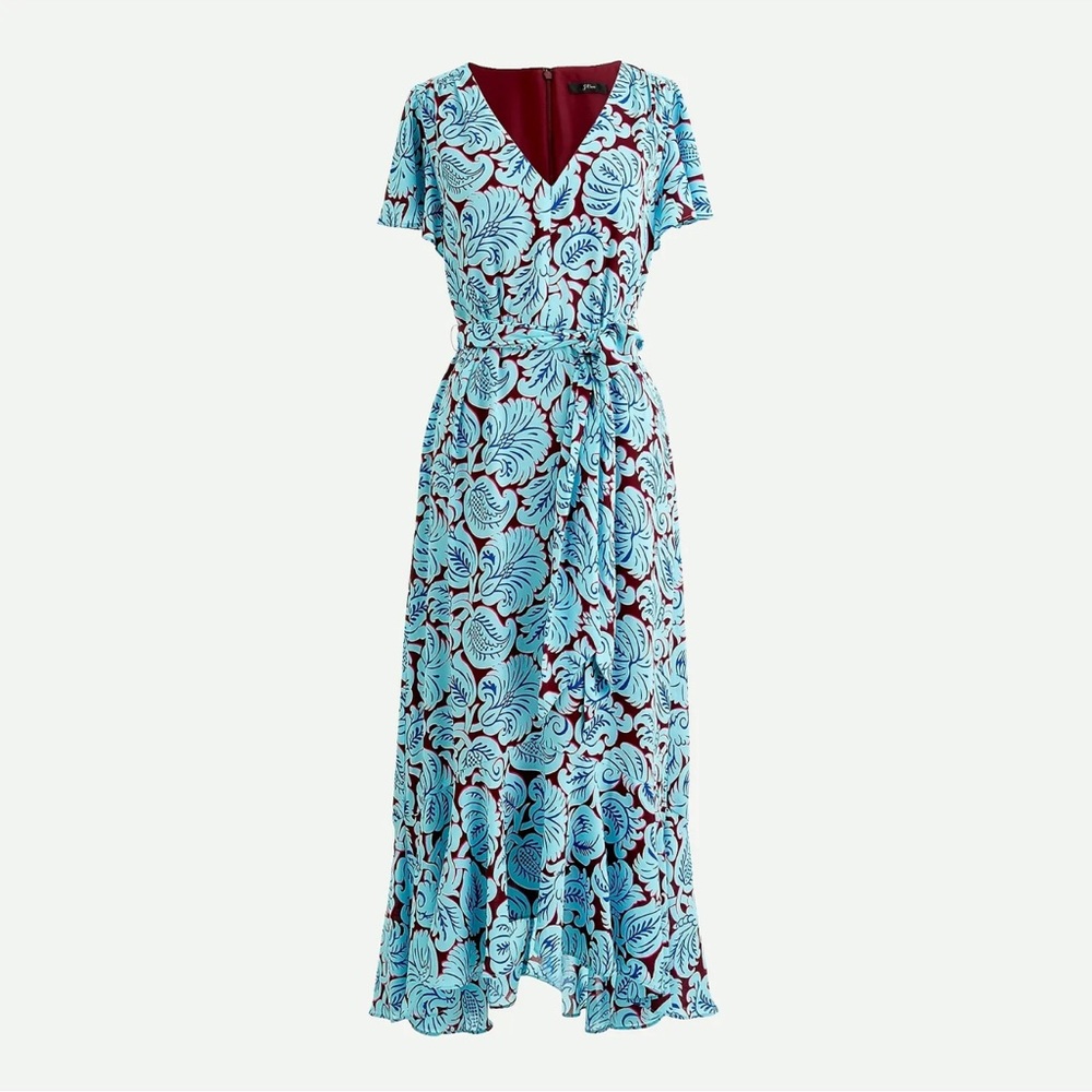 NWOT J. Crew V-neck Flutter Sleeve Uneven Hem Dress In Aqua Paisley 2